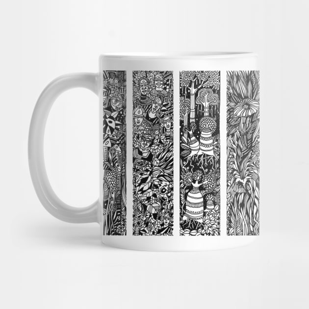 Forest Life Theme of Four Illustrative panels is a Composition of trees, leaves, vines, tribal people by GeeTee